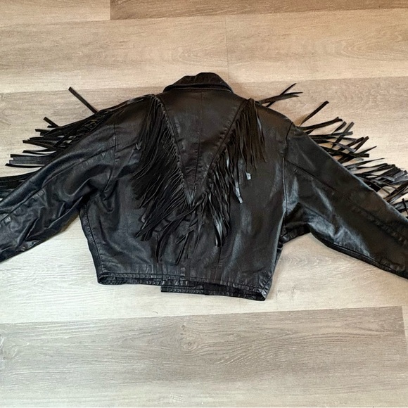 Don’t Stop Vintage Cropped Black Leather Jacket with Fringe Fringes Size S - Picture 7 of 10